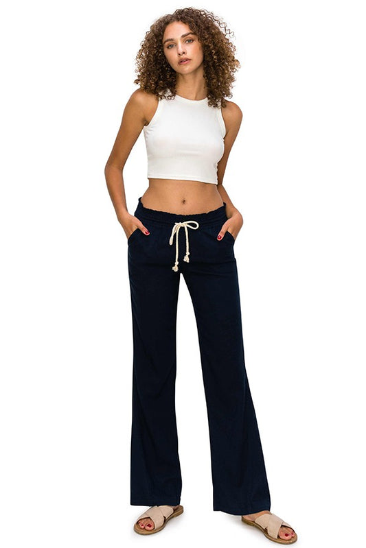 Cali Smocked Waist Linen Beach Pants - Solid Navy womens pants