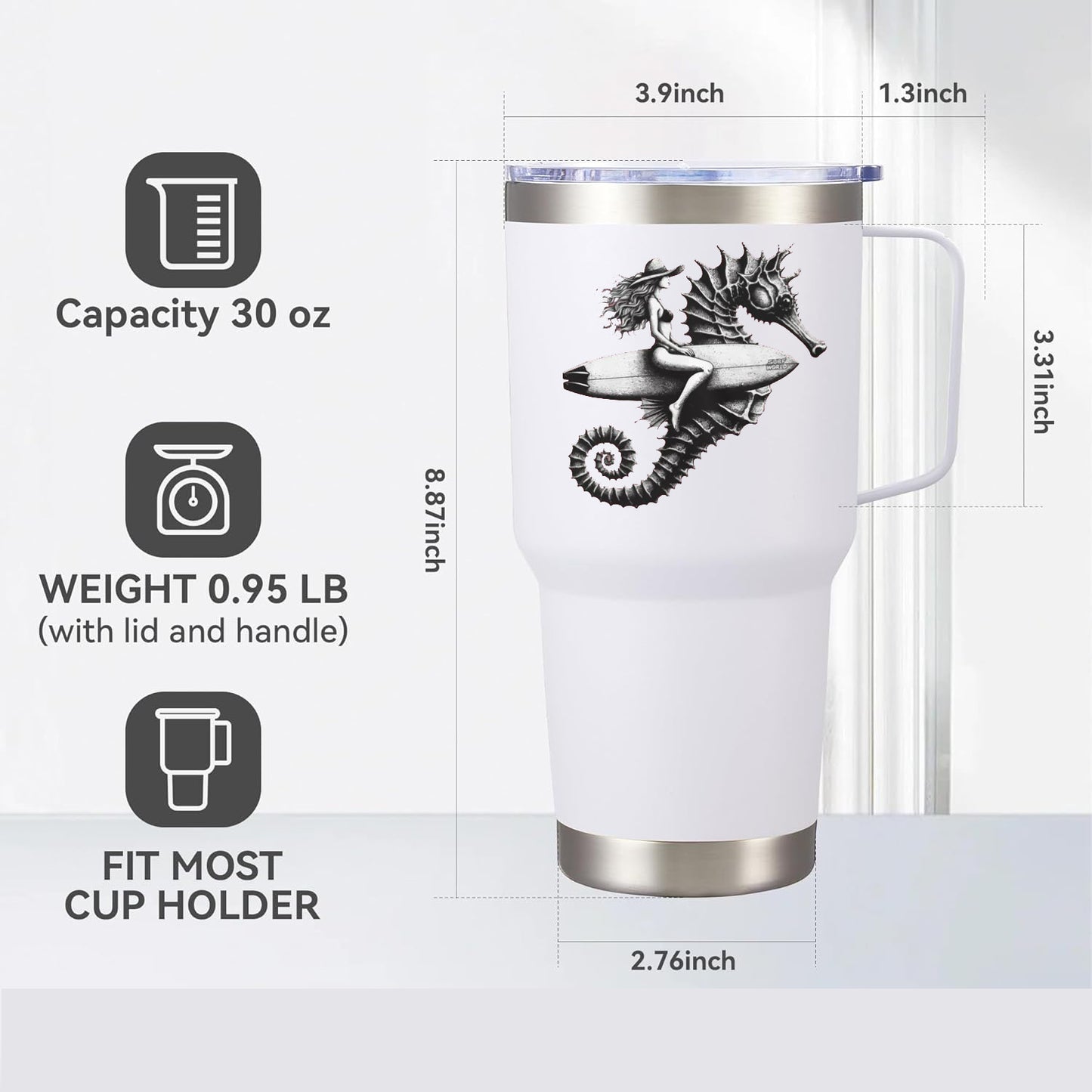 30oz Surf World Decorated Insulated Stainless Steel Tumbler Cup with handle Drinkware She Horse