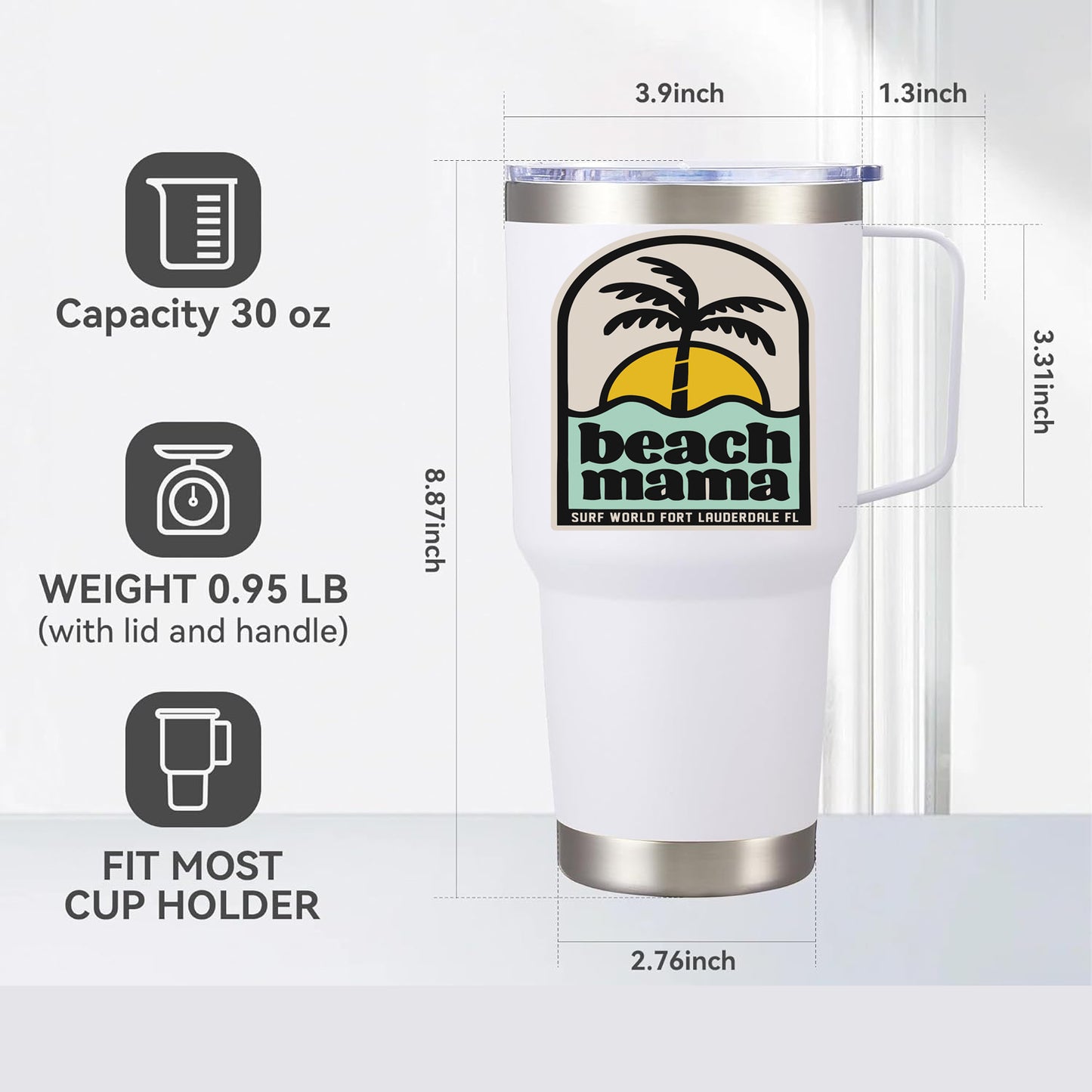 30oz Surf World Decorated Insulated Stainless Steel Tumbler Cup with handle Drinkware Beach Mama