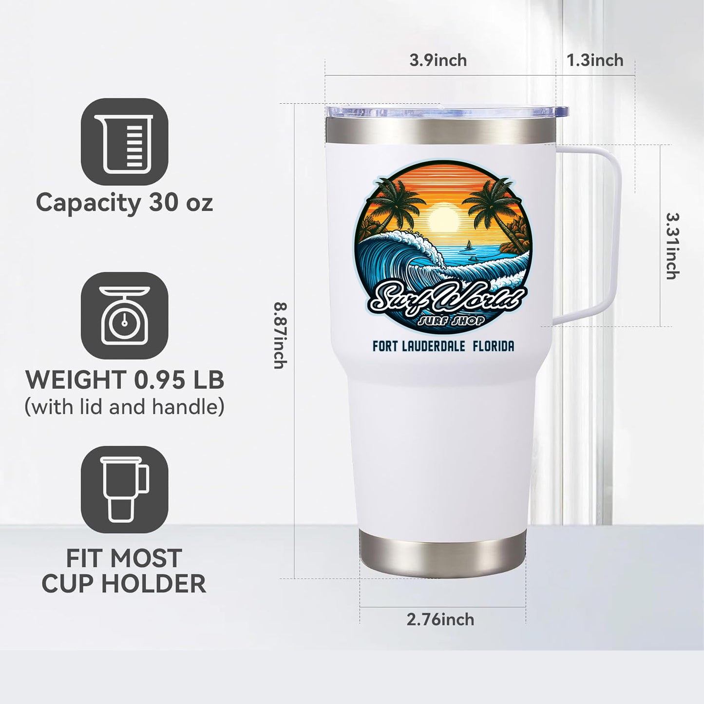 30oz Surf World Decorated Insulated Stainless Steel Tumbler Cup with handle Drinkware Circle Wave