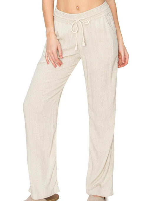 Cali Smocked Waist Linen Beach Pants - Oatmeal Solid womens pants