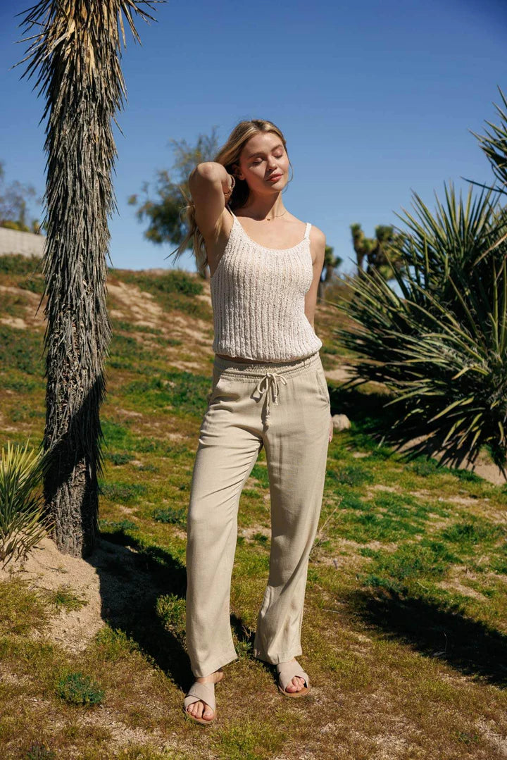 Cali Smocked Waist Linen Beach Pants - Oatmeal Solid womens pants