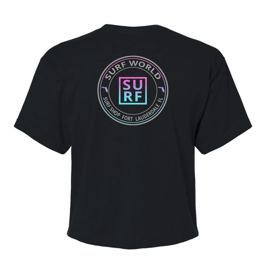 Surf World Circle Logo Crop Tee - Black Womens T Shirt