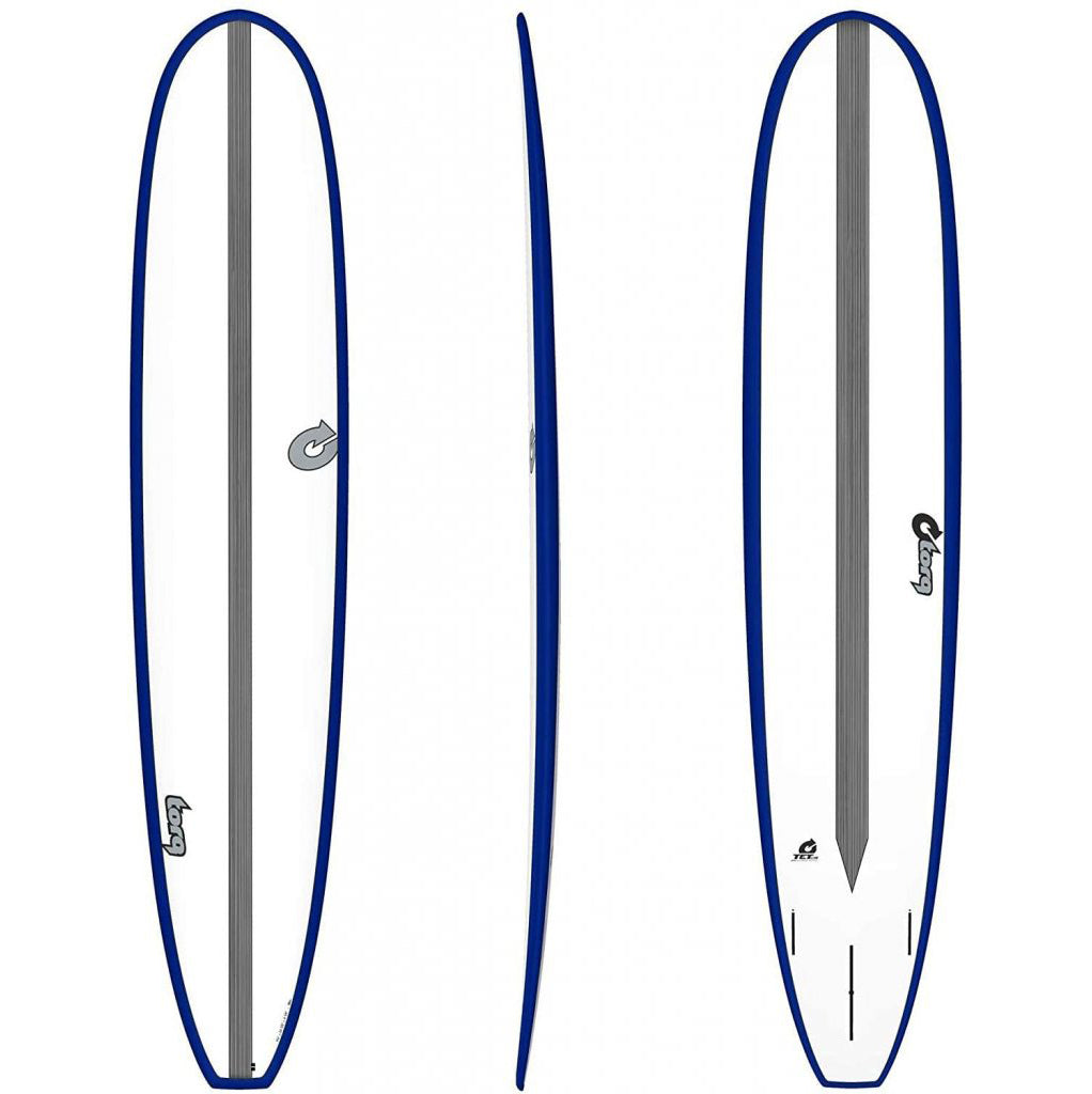 Torq 9'6" TET Carbon Stripe Longboard Surfboard - White Deck Navy Rail Surfboard