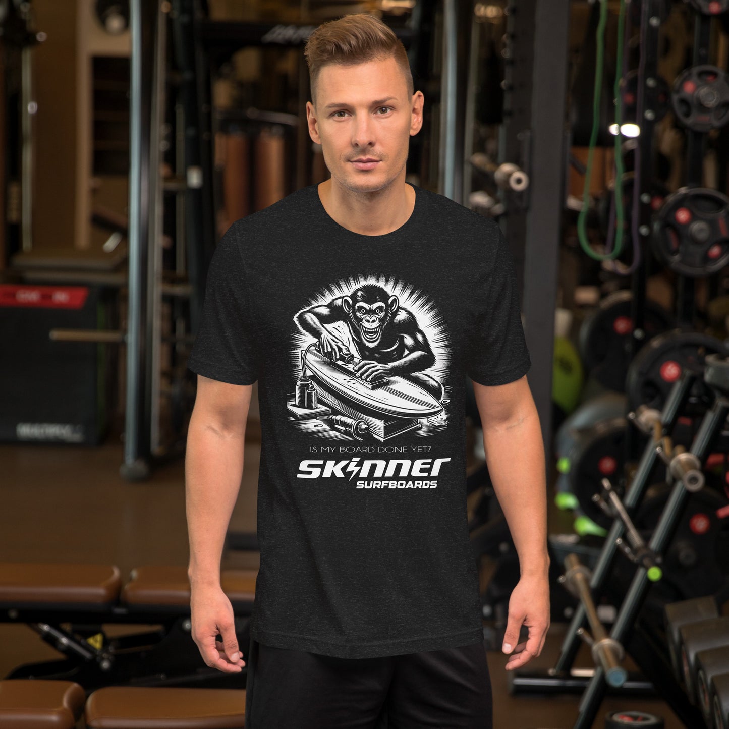 Is My Board Done Yet? Monkey Tee Shirt Skinner Surfboards Mens T Shirt