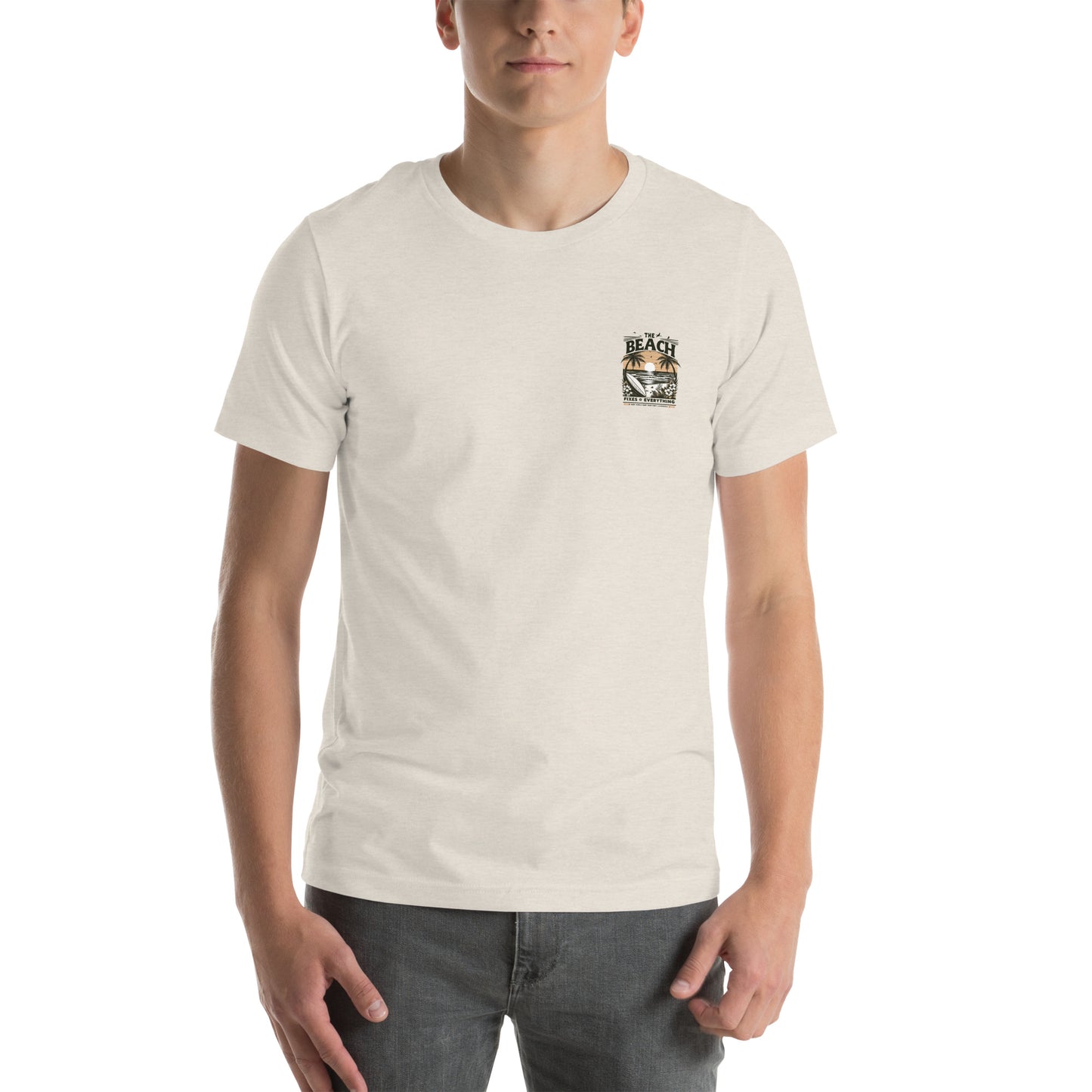 The Beach Fixes Everything Sunset Unisex t-shirt Surf World Mens T Shirt Heather Dust