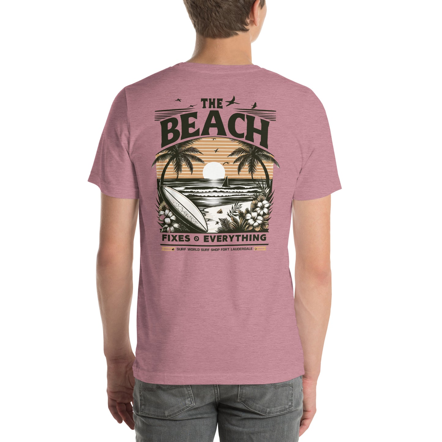 The Beach Fixes Everything Sunset Unisex t-shirt Surf World Mens T Shirt