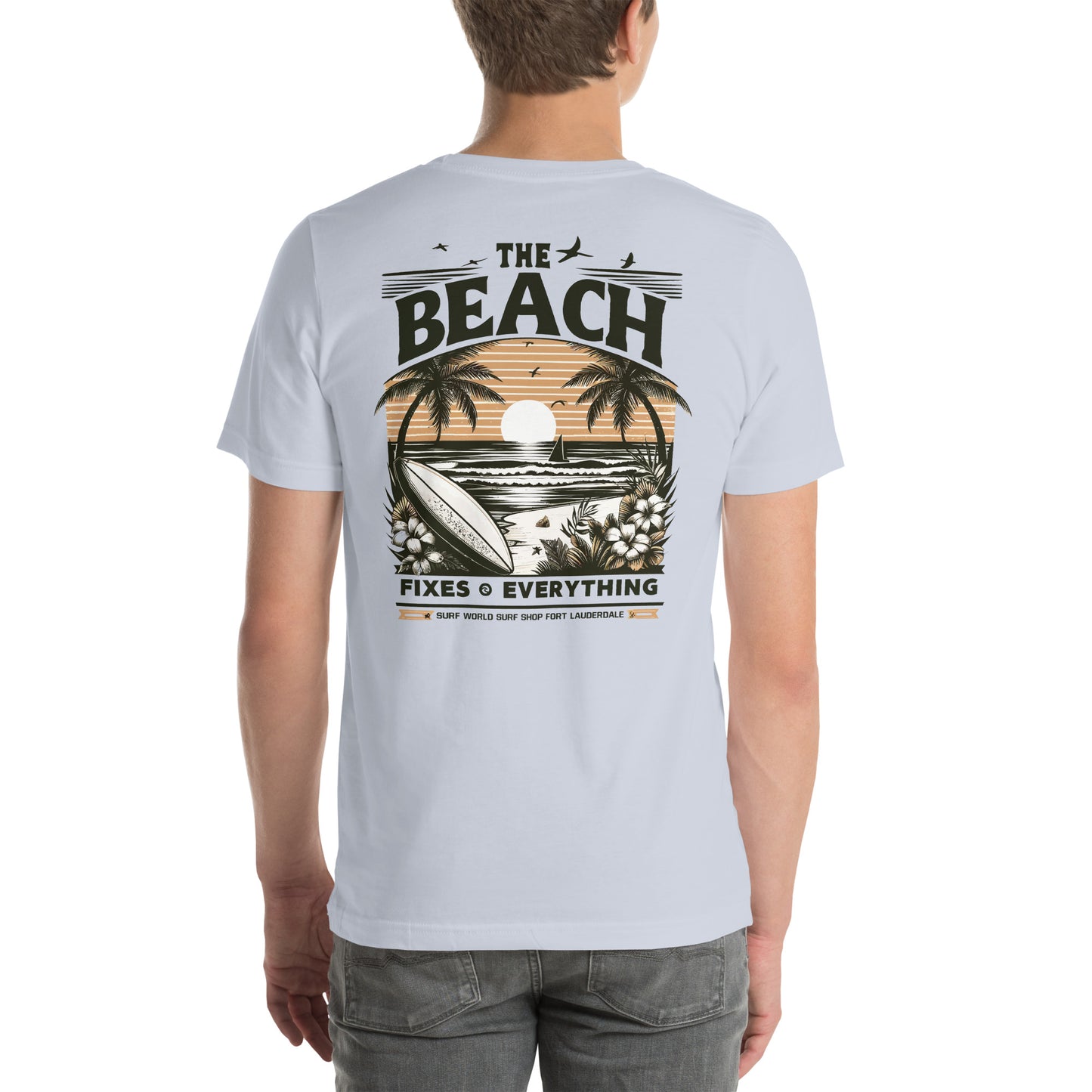 The Beach Fixes Everything Sunset Unisex t-shirt Surf World Mens T Shirt