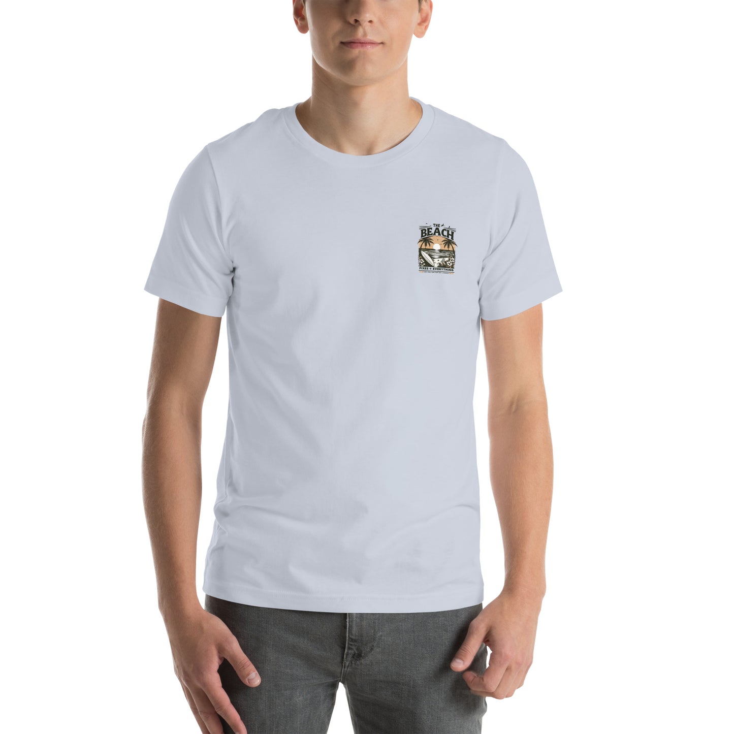 The Beach Fixes Everything Sunset Unisex t-shirt Surf World Mens T Shirt Light Blue
