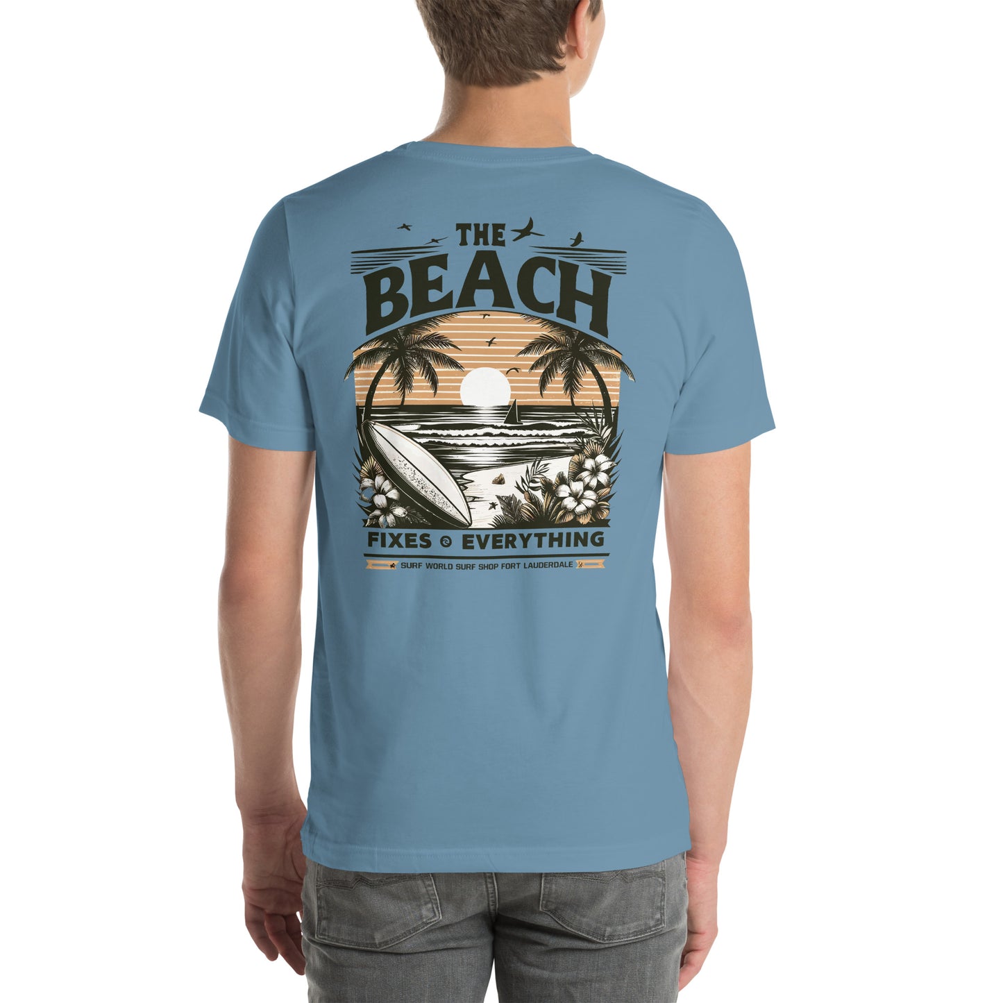 The Beach Fixes Everything Sunset Unisex t-shirt Surf World Mens T Shirt