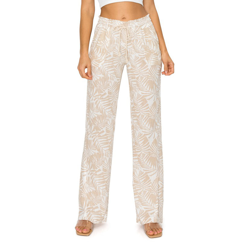 April Kiss Smocked Waist Linen Beach Pant - Khaki Leaf womens pants