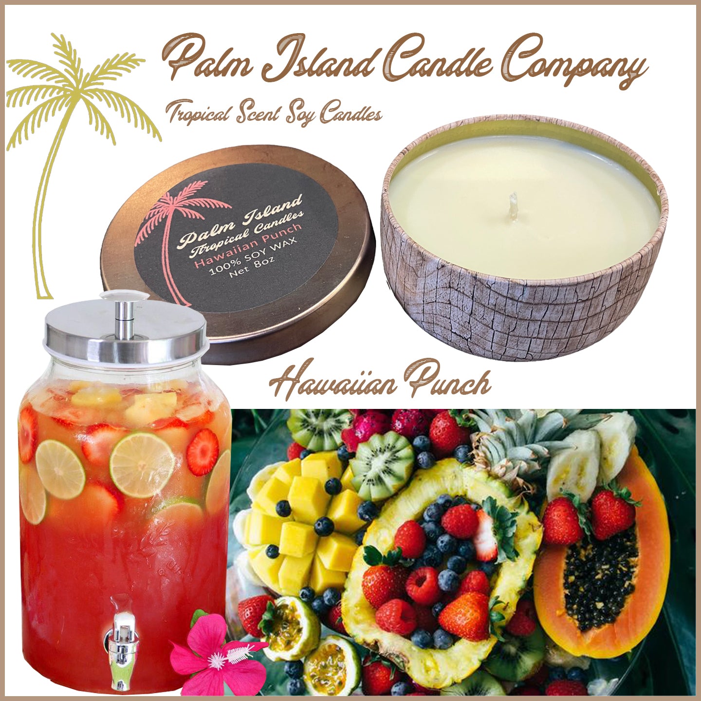 Palm Island Candle Co. 8oz Wood Print Metal Tin - Hawaiian Punch Scent Candle