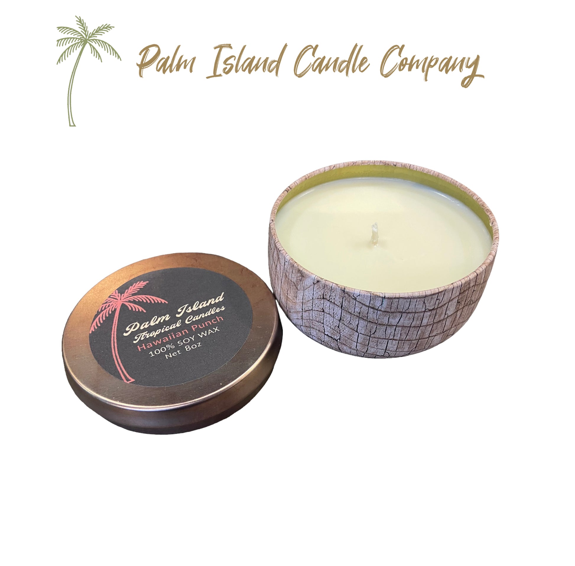 Palm Island Candle Co. 8oz Wood Print Metal Tin - Hawaiian Punch Scent Candle