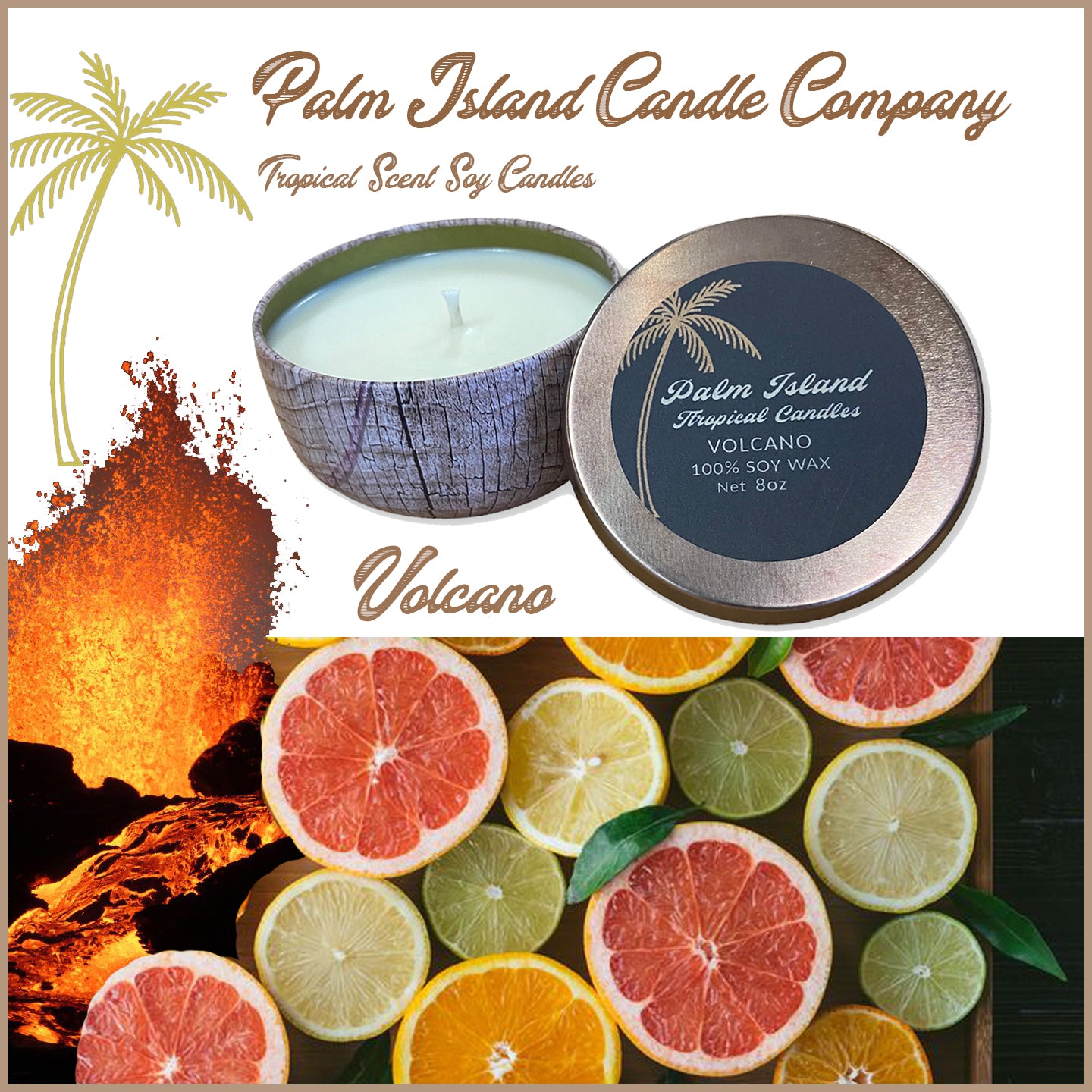 Palm Island Candle Co. 8oz Wood Print Metal Tin - Volcano Candle