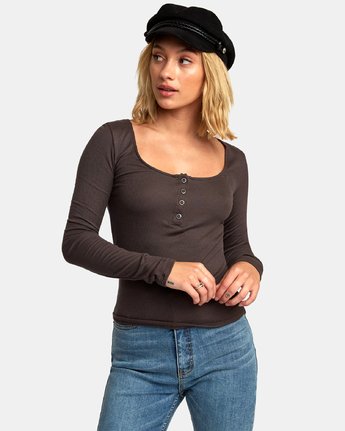 RVCA Guarded LS Rib Top - Seal Brown Womens Top