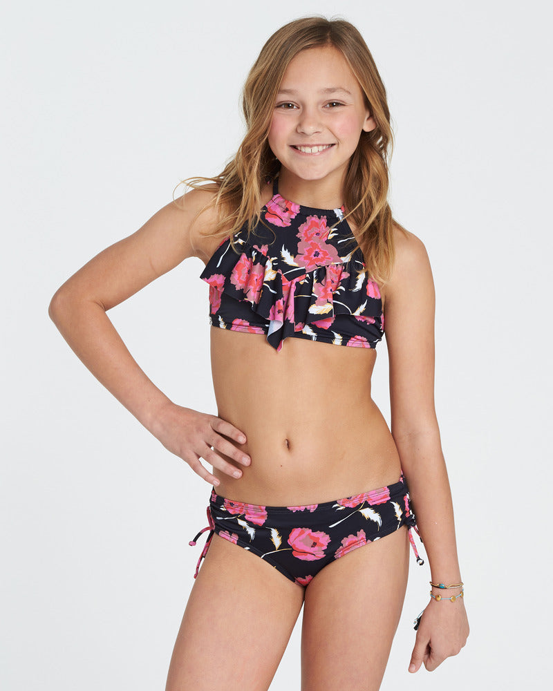 Billabong Girls Floral Dawn Hi Neck Swim Set - Black Pebble youth swimwear