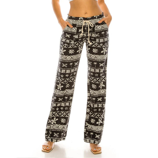 Cali Smocked Waist Linen Beach Pants - Charcoal Beach Print womens pants