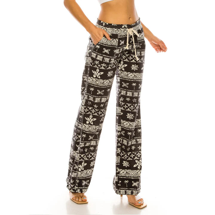 Cali Smocked Waist Linen Beach Pants - Charcoal Beach Print womens pants