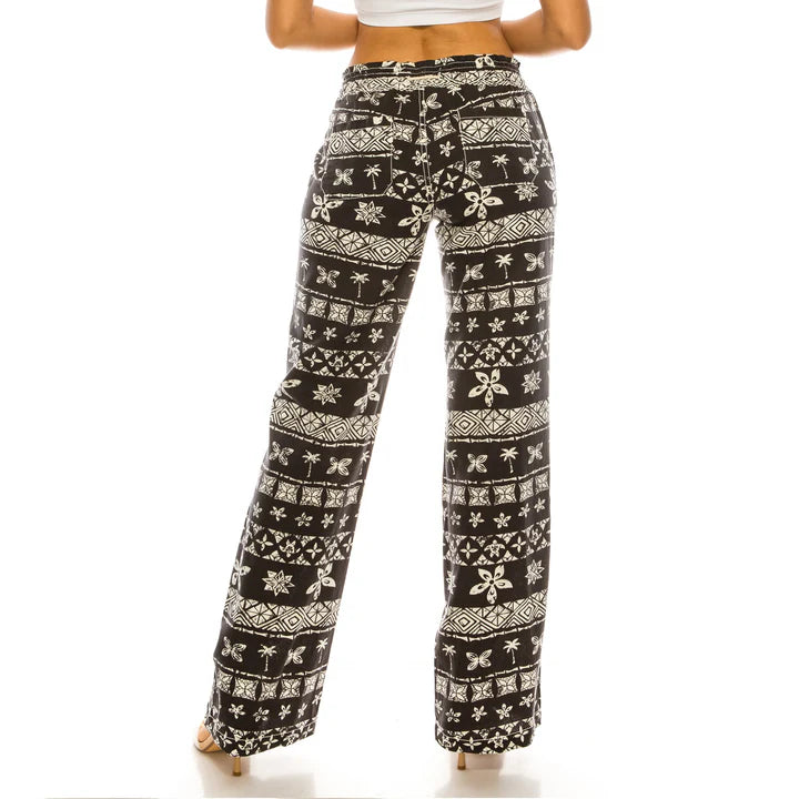 Cali Smocked Waist Linen Beach Pants - Charcoal Beach Print womens pants