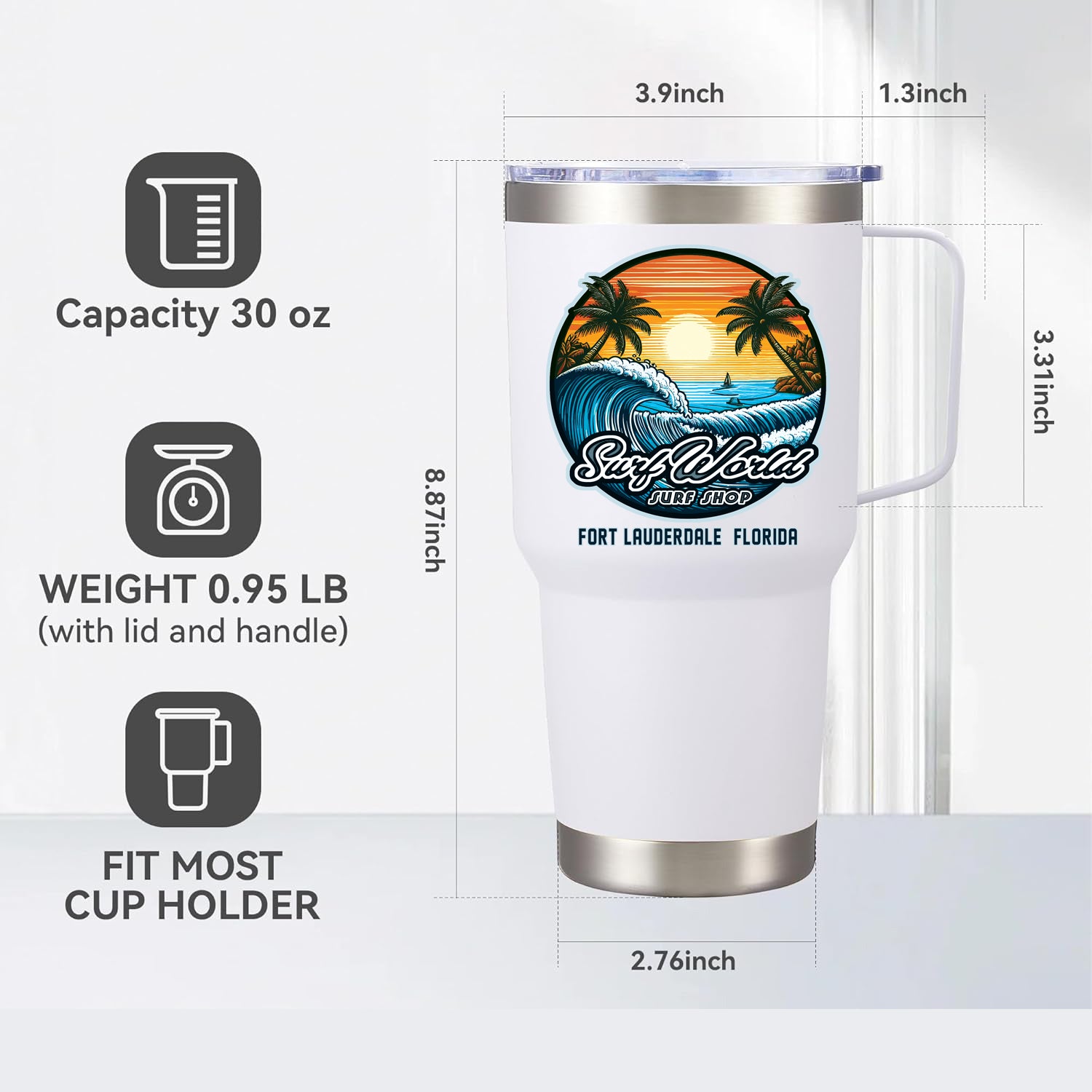 30oz Surf World Decorated Insulated Stainless Steel Tumbler Cup with handle Drinkware Circle Wave