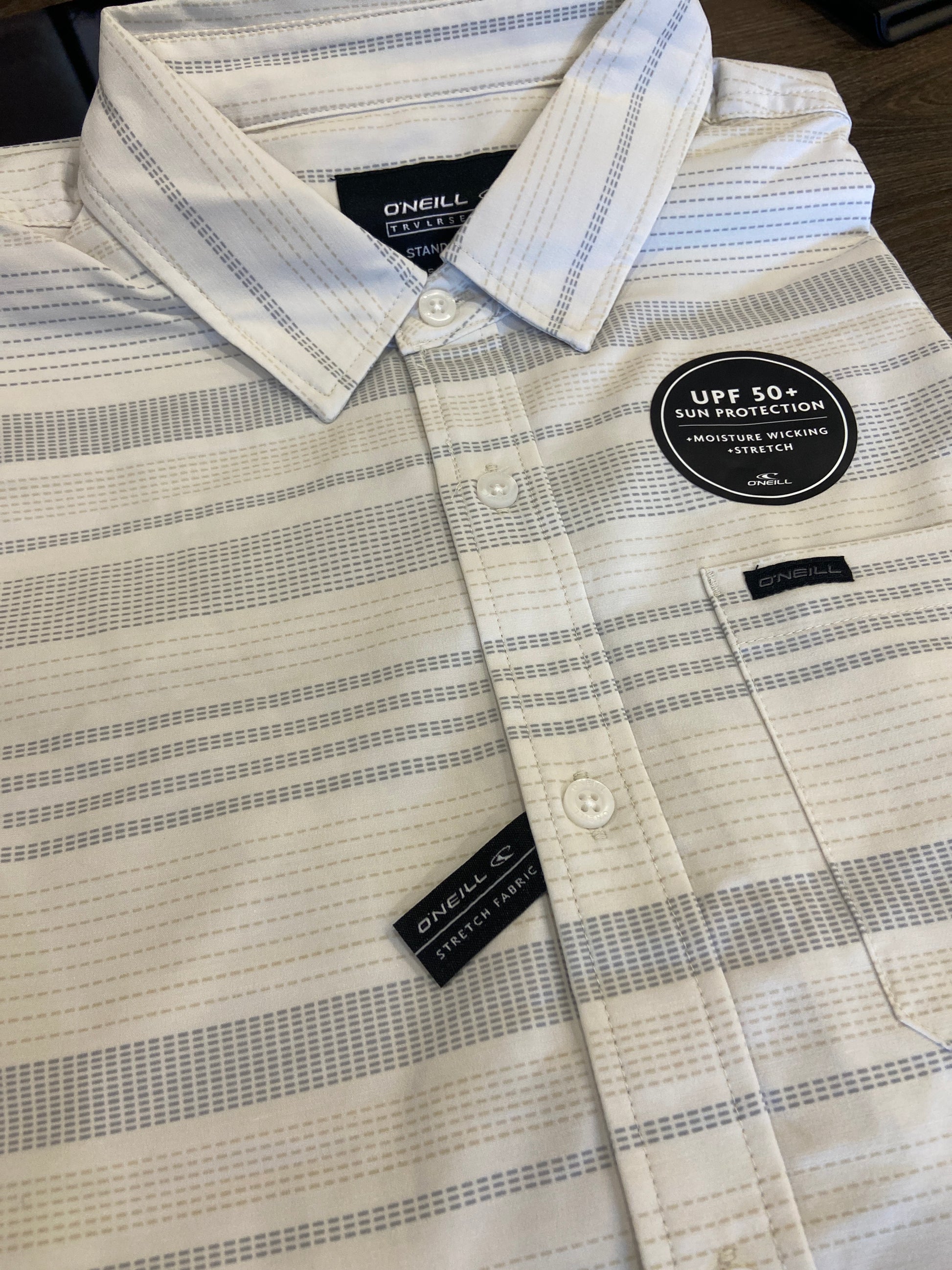Oneill Trvlr Traverse UPF SS Stripe Button Down Shirt - Natural 2 Mens Woven Shirt