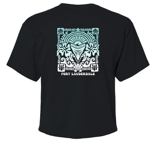 Surf World Shark Tooth fade Logo Crop Tee - Black Womens T Shirt