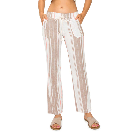 Cali 1850 Linen Beach Pant - Khaki Combo Stripe womens pants