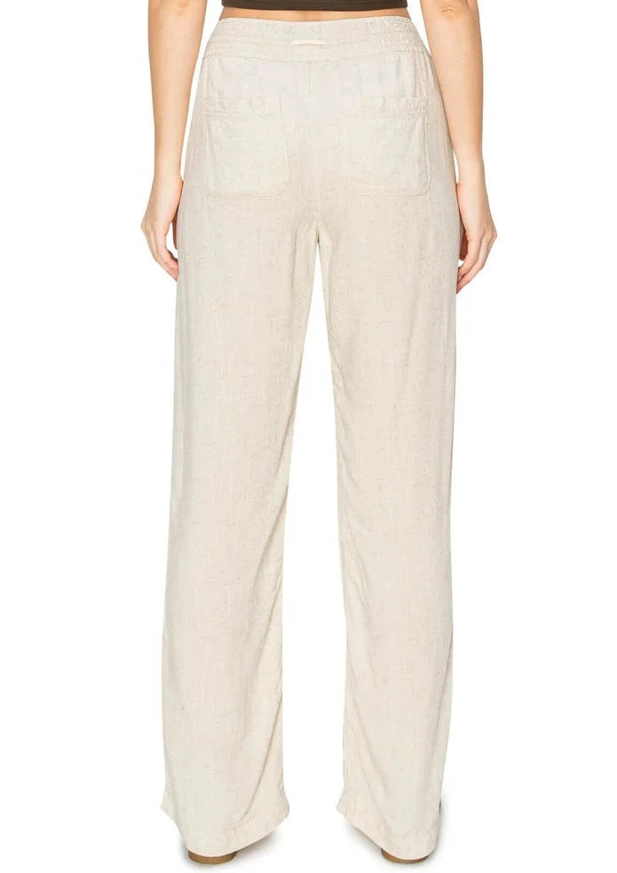 Cali Smocked Waist Linen Beach Pants - Oatmeal Solid womens pants