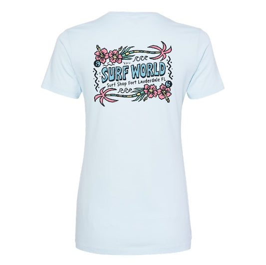 Surf World Side Ways Palms Women's Tee - Light Blue Womens T Shirt
