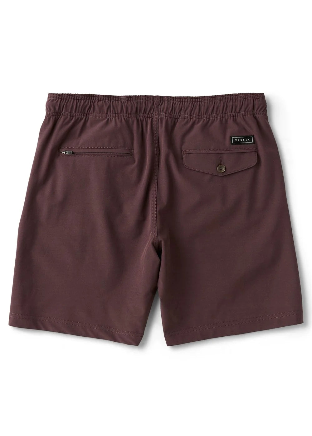Maroon shorts with a vissla brand label on a white background