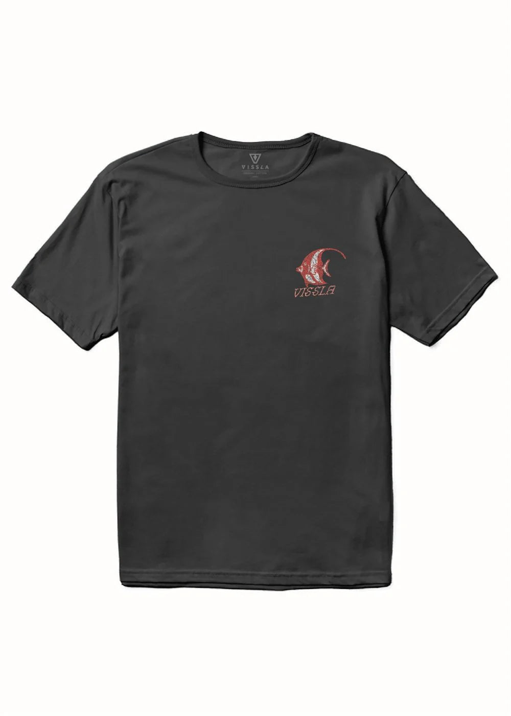 Black t-shirt with a red graphic on a white background