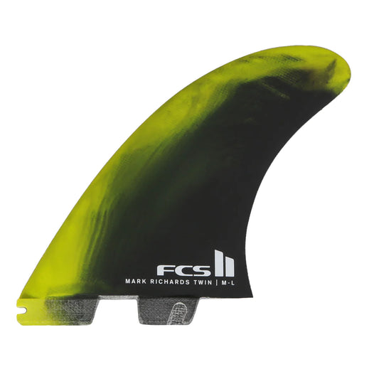 FCS II MR Twin Fins with mini Trailer- PC Tri Set Xlarge - Black White / Neon Swirl / Dusty Blue Fins
