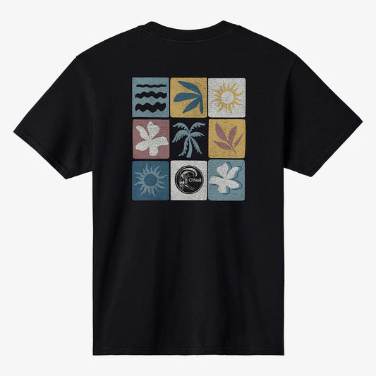 Black t-shirt with colorful geometric designs on a white background