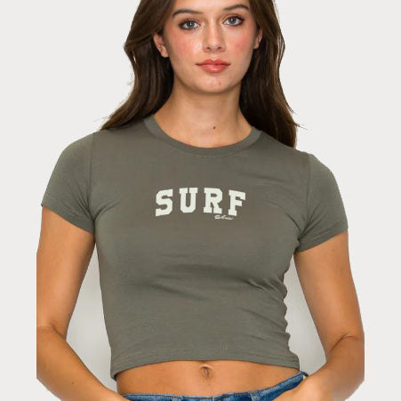 Surf World "SURF" Baby Doll Stretch Crop Tee - Olive Womens T Shirt