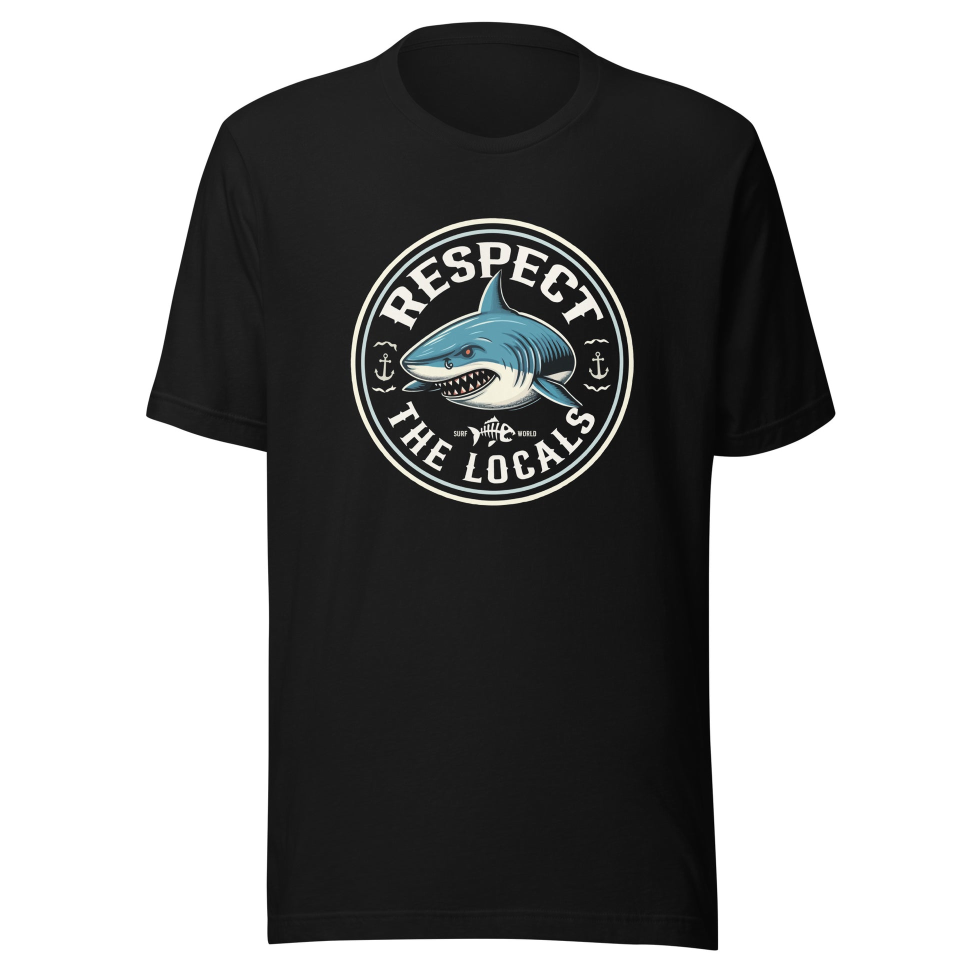 " Respect The Locals " Surf World Shark Tee Mens T Shirt Black