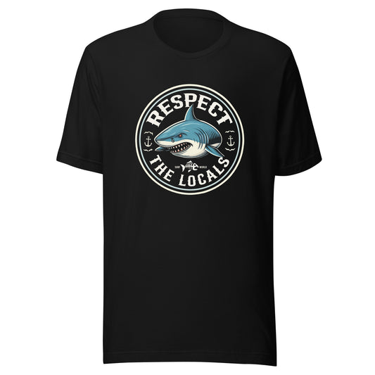" Respect The Locals " Surf World Shark Tee Mens T Shirt Black