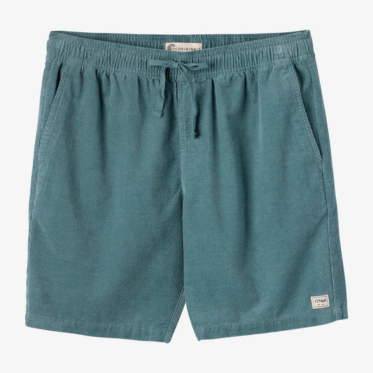 Teal shorts with brand labels on a white background