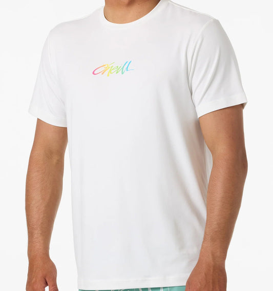 Person wearing a white t-shirt with a colorful logo and teal shorts with white patterns on a white background