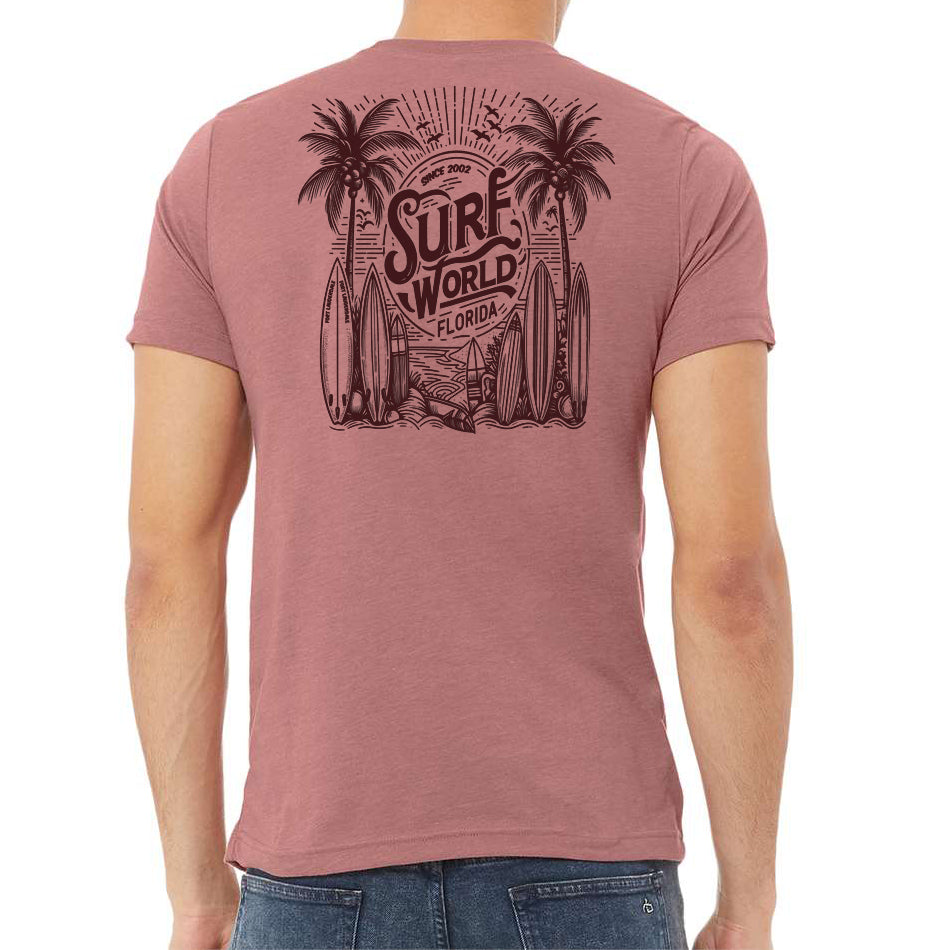 Surf World Palms and Boards Tee Shirt - Heather Mauve Mens T Shirt