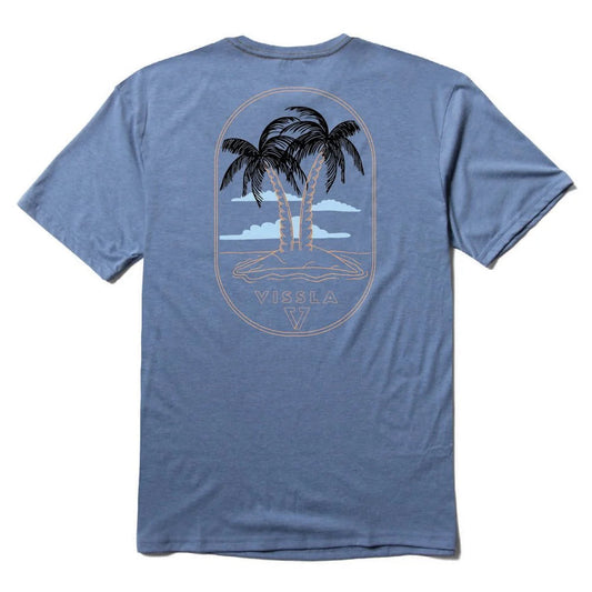 Blue t-shirt with palm tree design on a white background