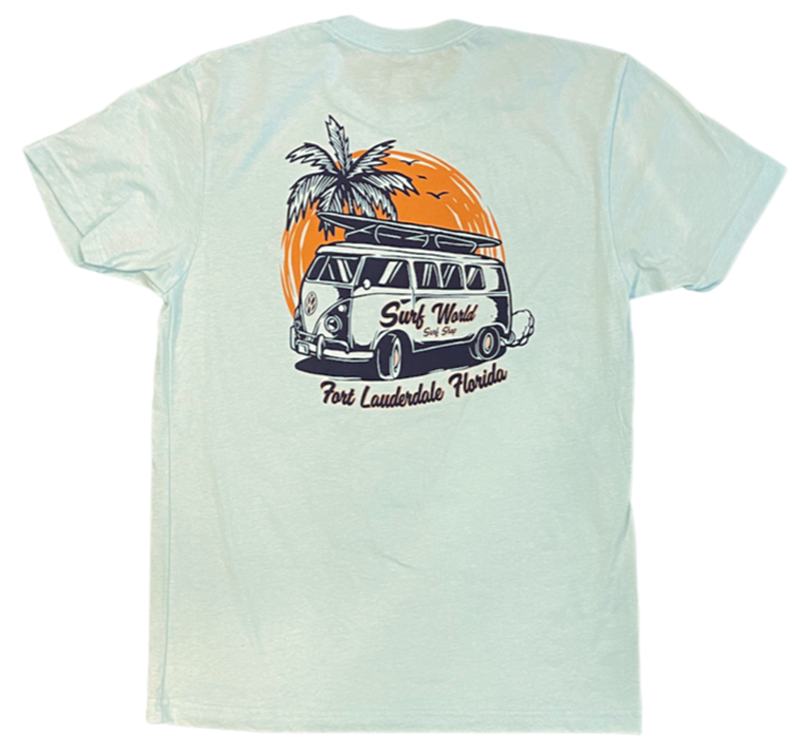 Surf World Classic VW Bus Surfing Tee - White - Light Blue Mens T Shirt