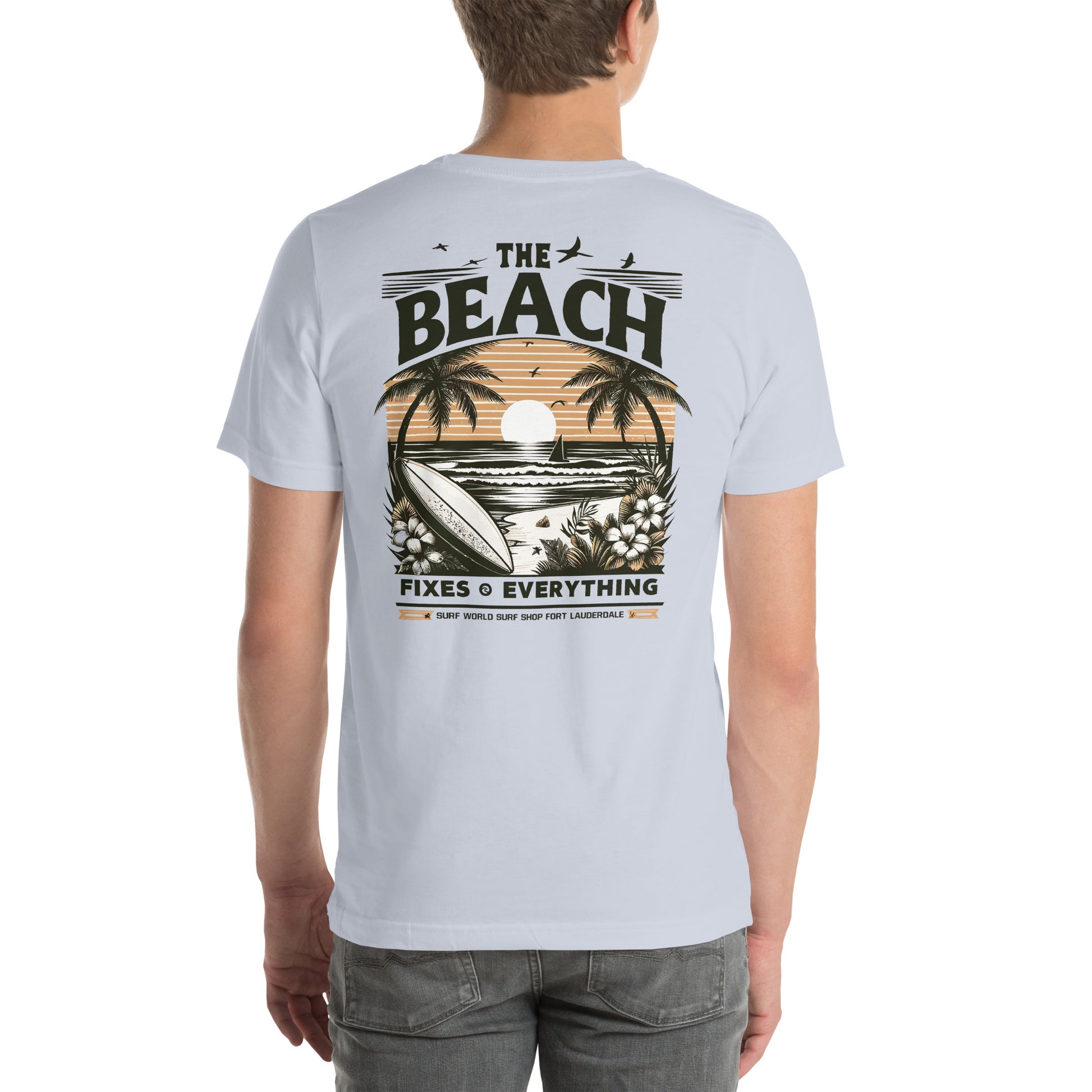 The Beach Fixes Everything Sunset Unisex t-shirt Surf World Mens T Shirt