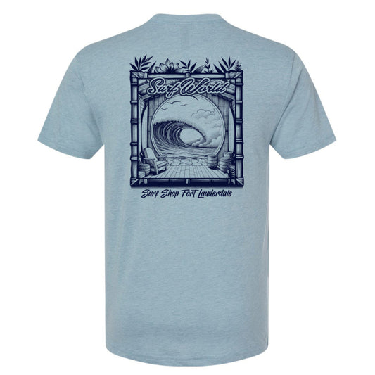 surf world wave room tee in poly cotton rayon