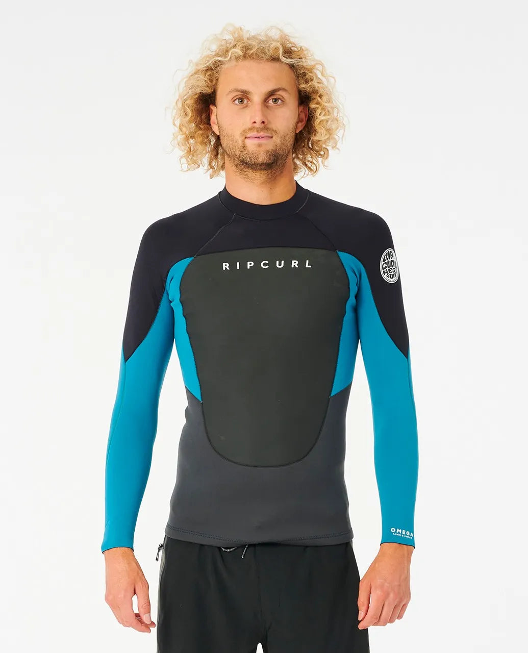 Rip Curl Omega 1.5mm Mens LS Wetsuit Jacket - Black / Blue / Maroon Wetsuit Top L Blue