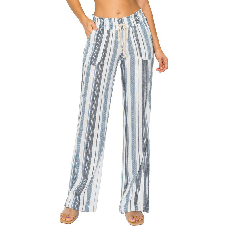 April Kiss Smocked Waist Linen Beach Pant - Light Blue Stripe womens pants