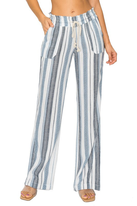April Kiss Smocked Waist Linen Beach Pant - Light Blue Stripe womens pants