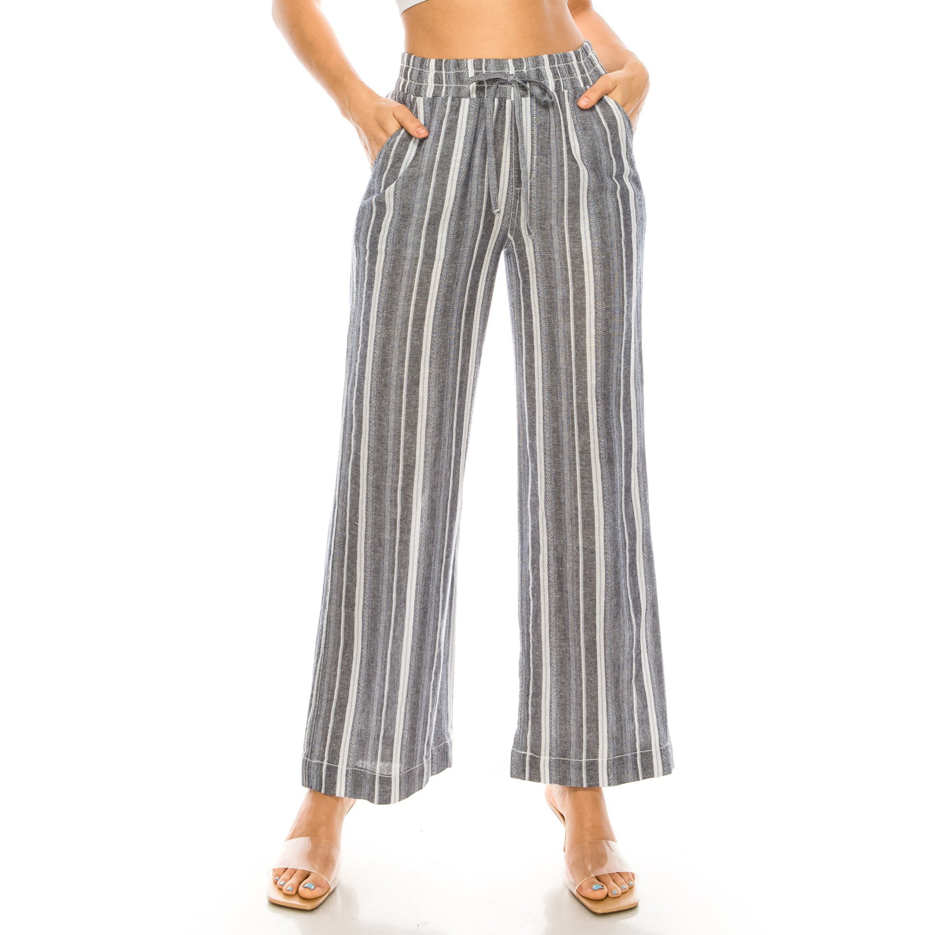 Cali Smocked Waist Linen Beach Trousers - Navy Cream womens pants