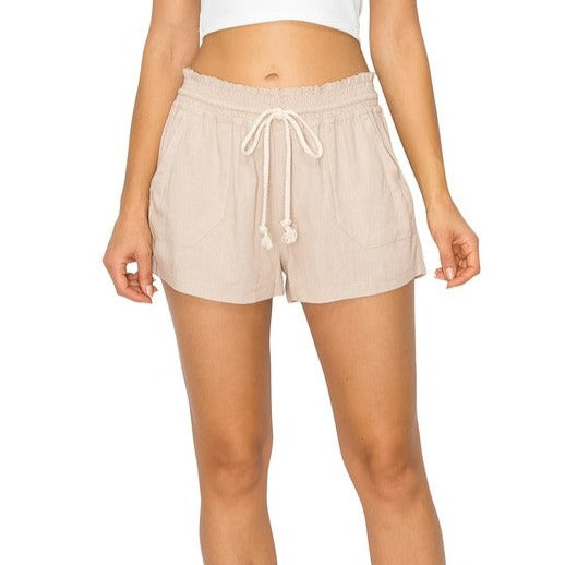 Cali Casual Smocked Waist Linen Beach Shorts - Khaki Womens Short