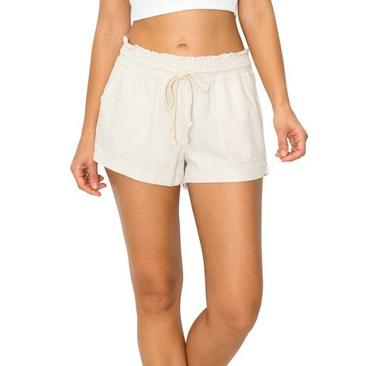 Cali Casual Smocked Waist Linen Beach Shorts - Oat Womens Short