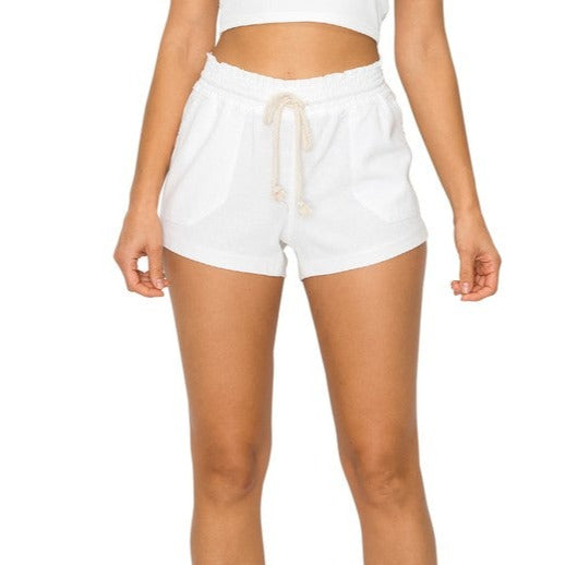 Cali Casual Smocked Waist Linen Beach Shorts - Creamy White Womens Short